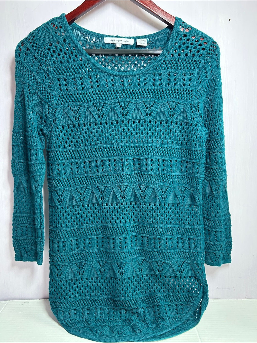 eight eight eight Teal Open-Knit Sweater Top Size M. Preowned.